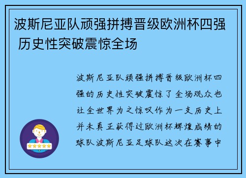 波斯尼亚队顽强拼搏晋级欧洲杯四强 历史性突破震惊全场