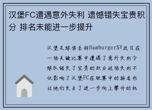 汉堡FC遭遇意外失利 遗憾错失宝贵积分 排名未能进一步提升