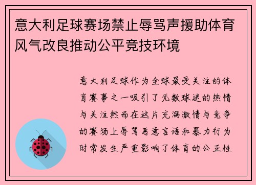 意大利足球赛场禁止辱骂声援助体育风气改良推动公平竞技环境