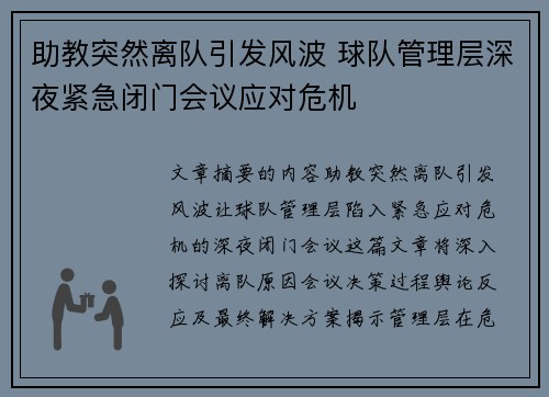 助教突然离队引发风波 球队管理层深夜紧急闭门会议应对危机