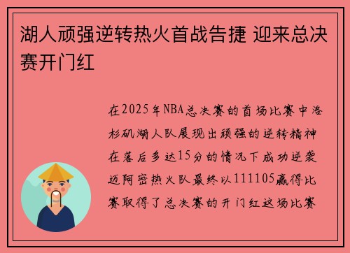 湖人顽强逆转热火首战告捷 迎来总决赛开门红