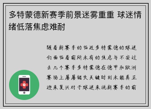 多特蒙德新赛季前景迷雾重重 球迷情绪低落焦虑难耐