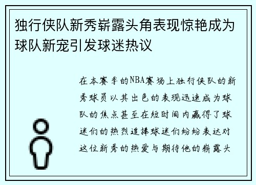 独行侠队新秀崭露头角表现惊艳成为球队新宠引发球迷热议